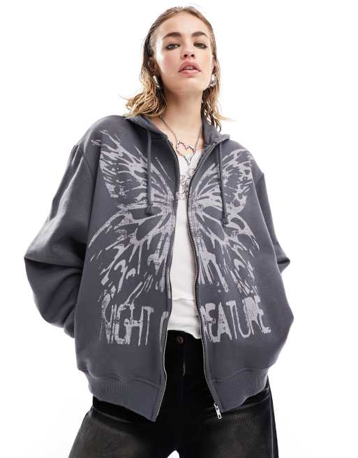 Minga London oversized zip up hoodie with butterfly grunge graphic in  charcoal