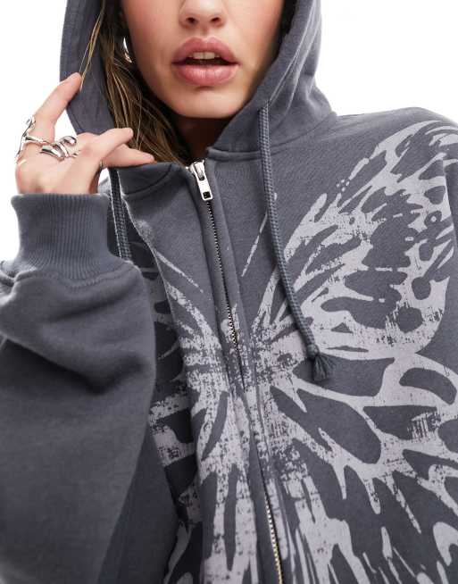 Minga London oversized zip up hoodie with butterfly grunge graphic