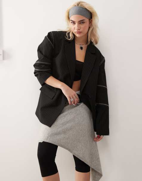 Minga London pinstripe multi zipper blazer in black - view 1