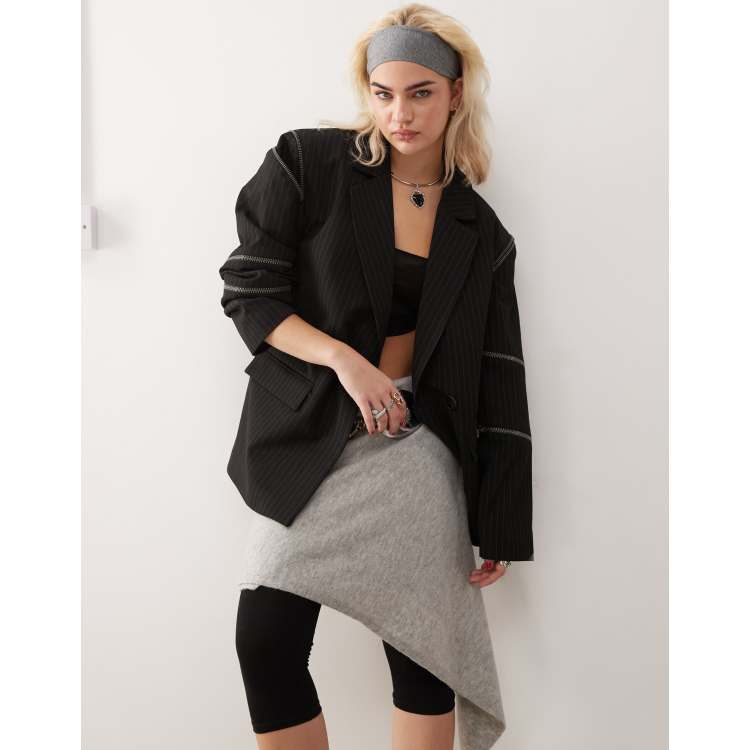 Minga London pinstripe multi zipper blazer in black | ASOS