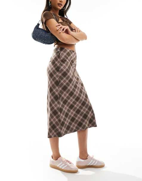 Minga London plaid midi skirt in brown and pink