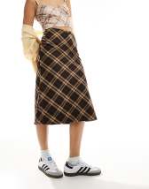 Minga London plaid midi skirt in brown and pink