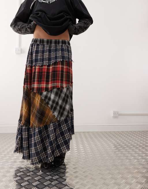 Minga London plaid patchwork asymmetric maxi skirt