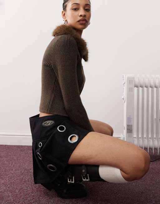 Minga London pleated low rise mini skirt with eyelets in black | ASOS