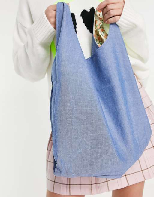 Minga London - Poset tote-taske i vendbart denim og orange print, 4 af 4