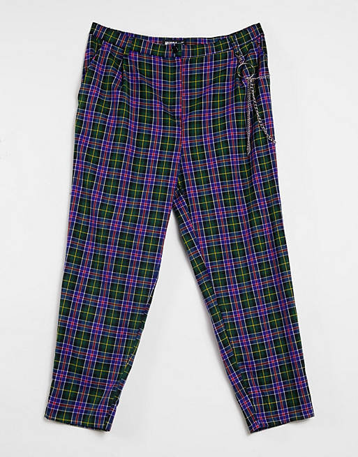  Minga London relaxed high waisted trousers in blue plaid with chain 