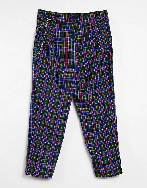  Minga London relaxed high waisted trousers in blue plaid with chain 