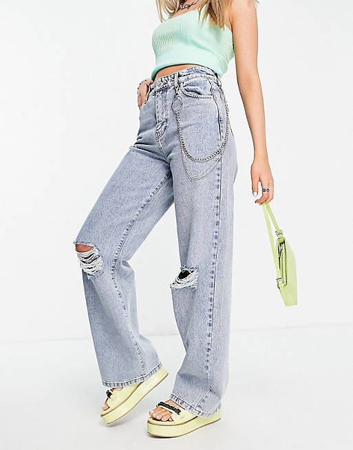 Minga London relaxed skater jeans with chain & angel bum embroidery