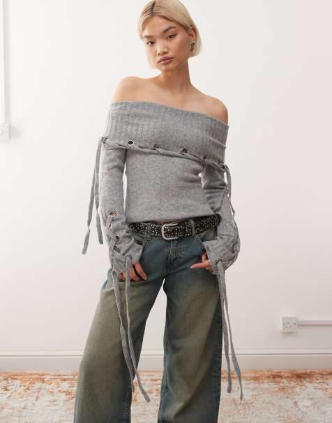 Minga London ribbed knit off shoulder lace up jumper in grey - view 1