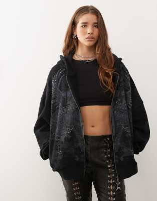 Minga London Skull Studded Graphic Zip Up Hoodie In Black