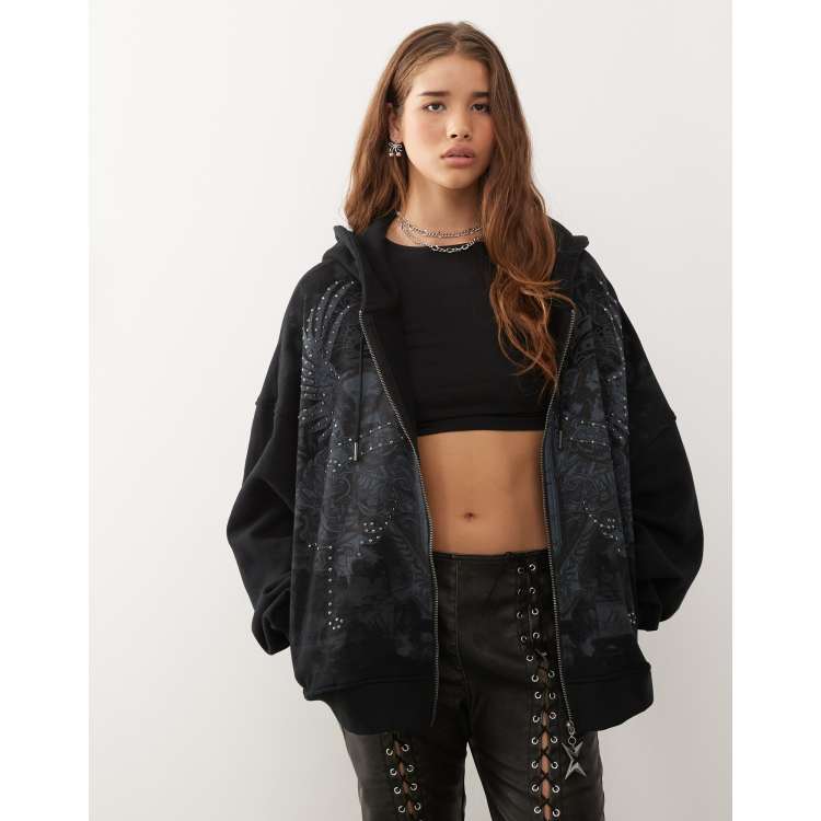 Minga London skull studded graphic zip up hoodie in black | ASOS