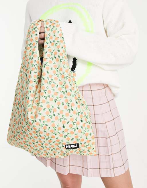 Minga London slouch tote bag in reversible denim & orange print, 2 of 4