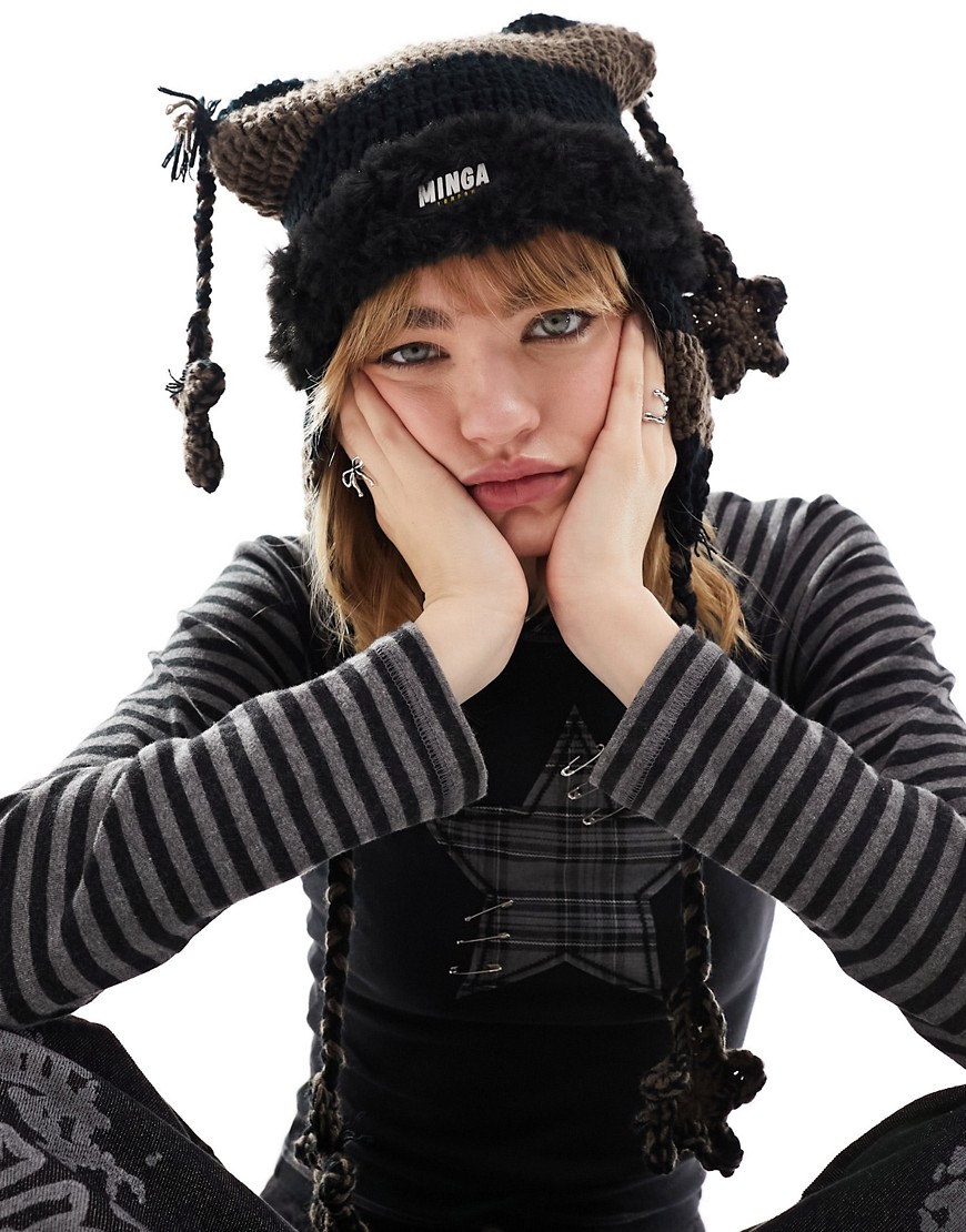 Minga London star detail fluffy knitted hat in black and brown stripe-Multi