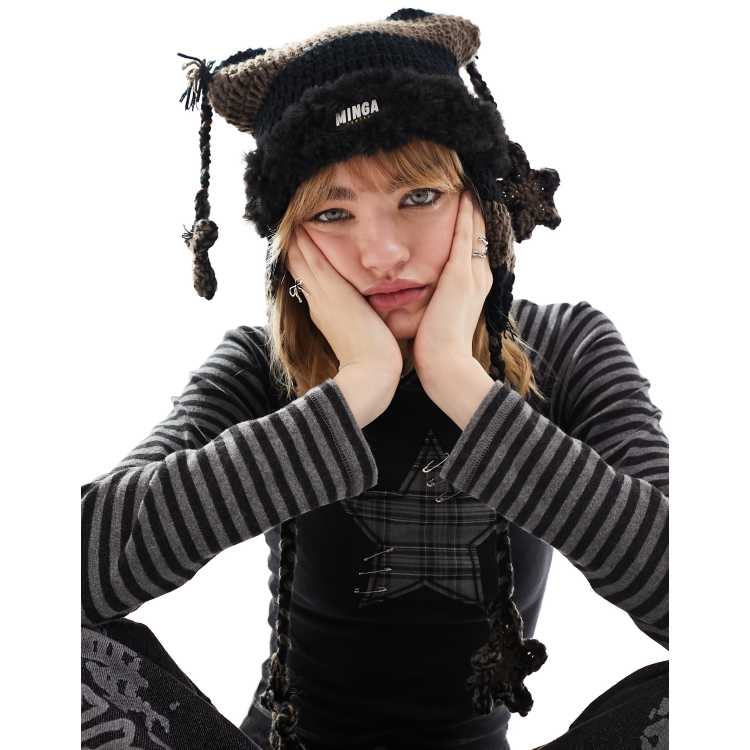 Minga London star detail fluffy knitted hat in black and