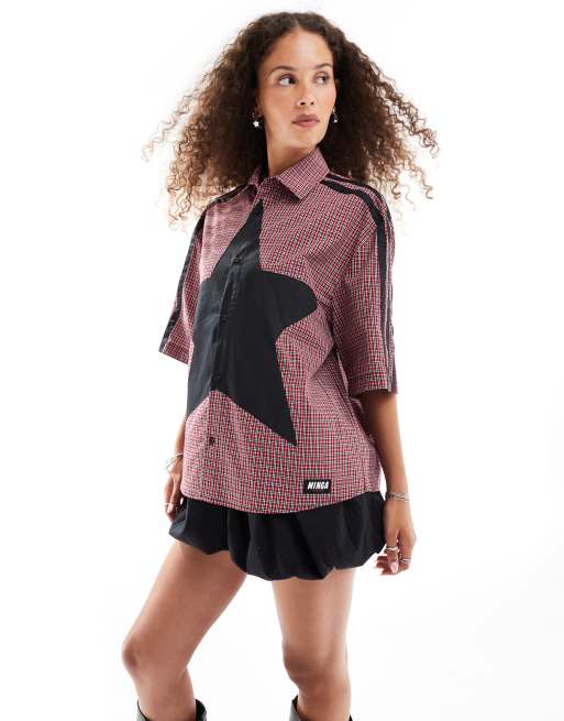 Minga London star patch boxy bowling shirt in red check
