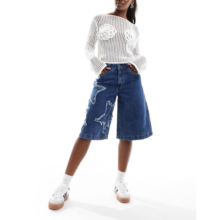 Minga London star patch denim long shorts in mid wash | ASOS