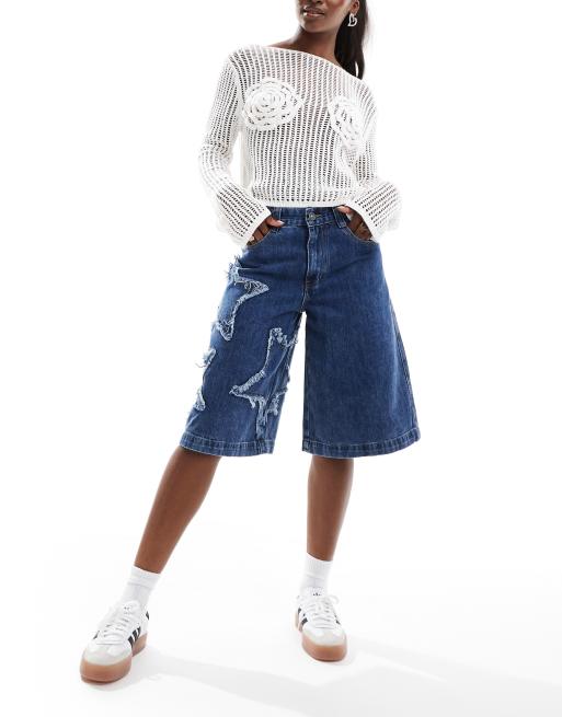 Minga London star patch denim long shorts in mid wash