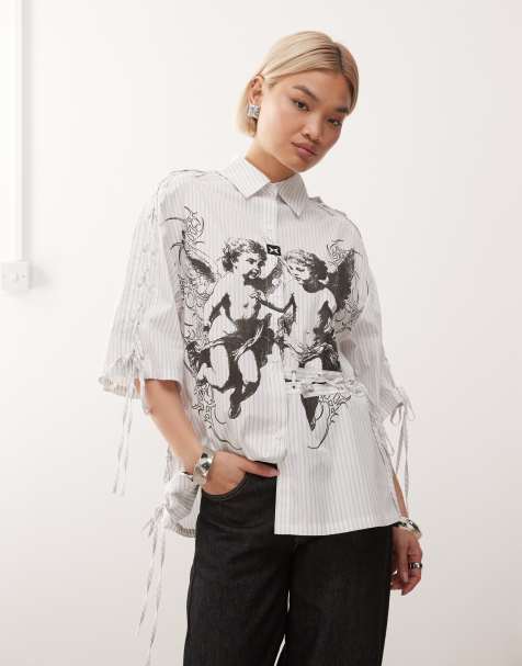 Minga London stripe lace up poplin shirt in white - view 1
