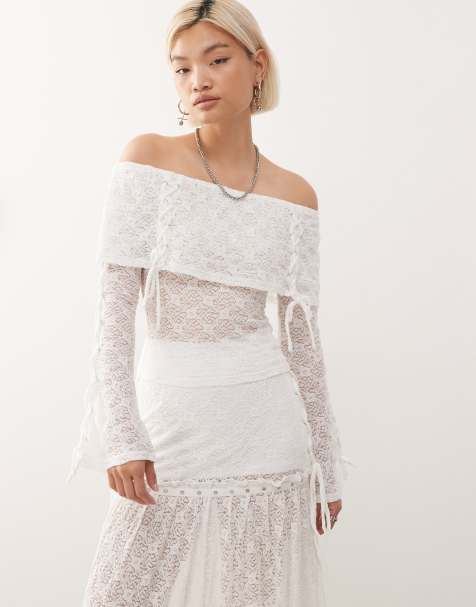 Minga London textured lace off shoulder top in off white - view 1