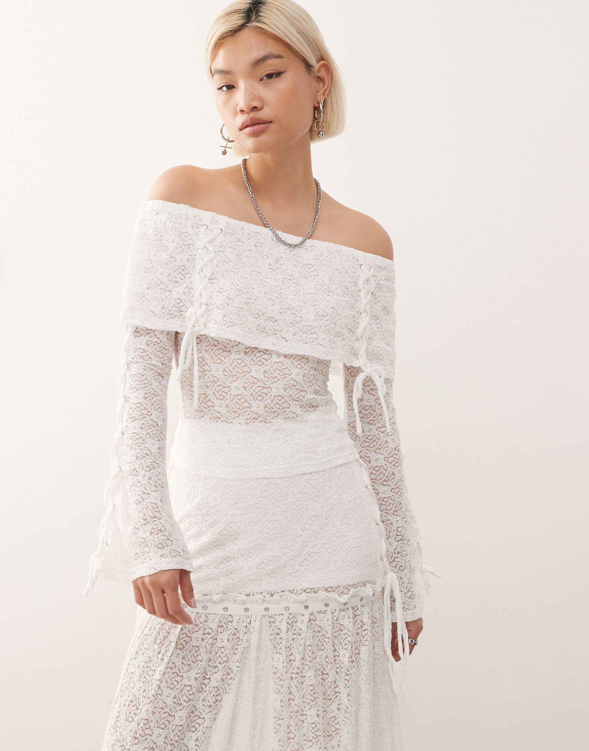 minga london textured lace off shoulder top in off white