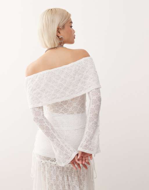 Minga London textured lace off shoulder top in off white, 4 of 4