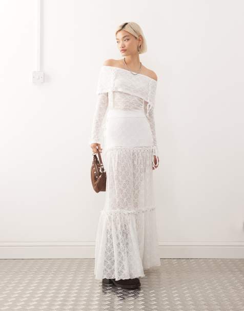 Minga London textured lace tiered lace up maxi skirt in off white