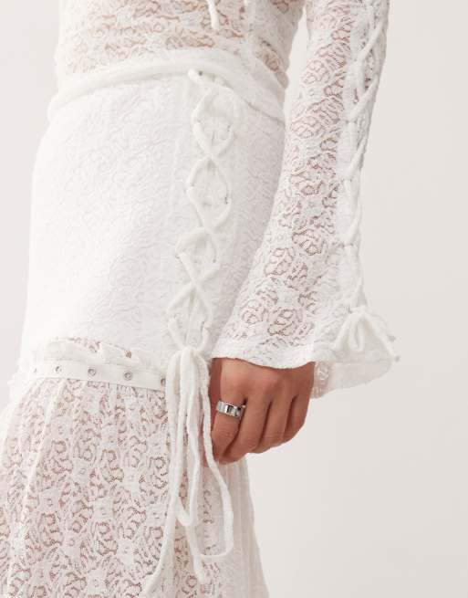 Minga London textured lace tiered lace up maxi skirt in off white | ASOS
