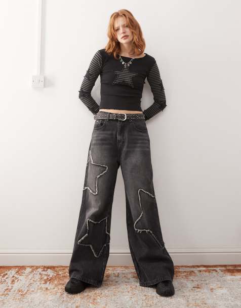 Minga London washed distressed baggy jeans with star graphic in black - view 1
