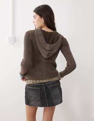 Minga London Washed Print Rib Knit Zip Up Hooded Cardigan In Black
