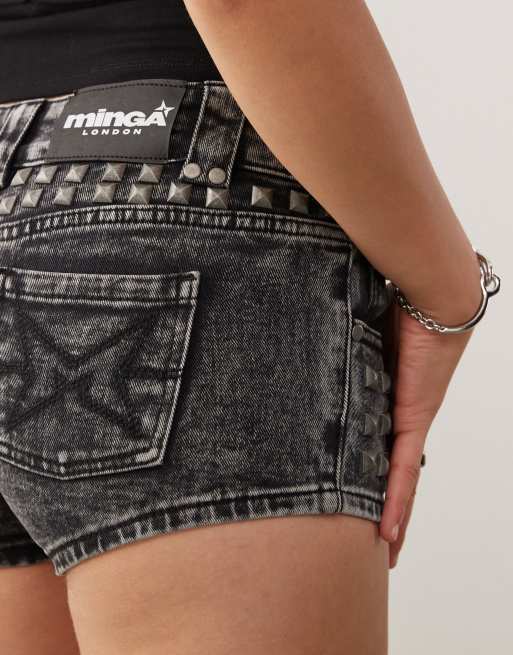 Minga London washed studded denim shorts in black 