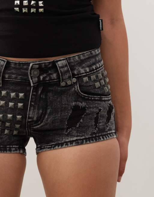 Minga London washed studded denim shorts in black 