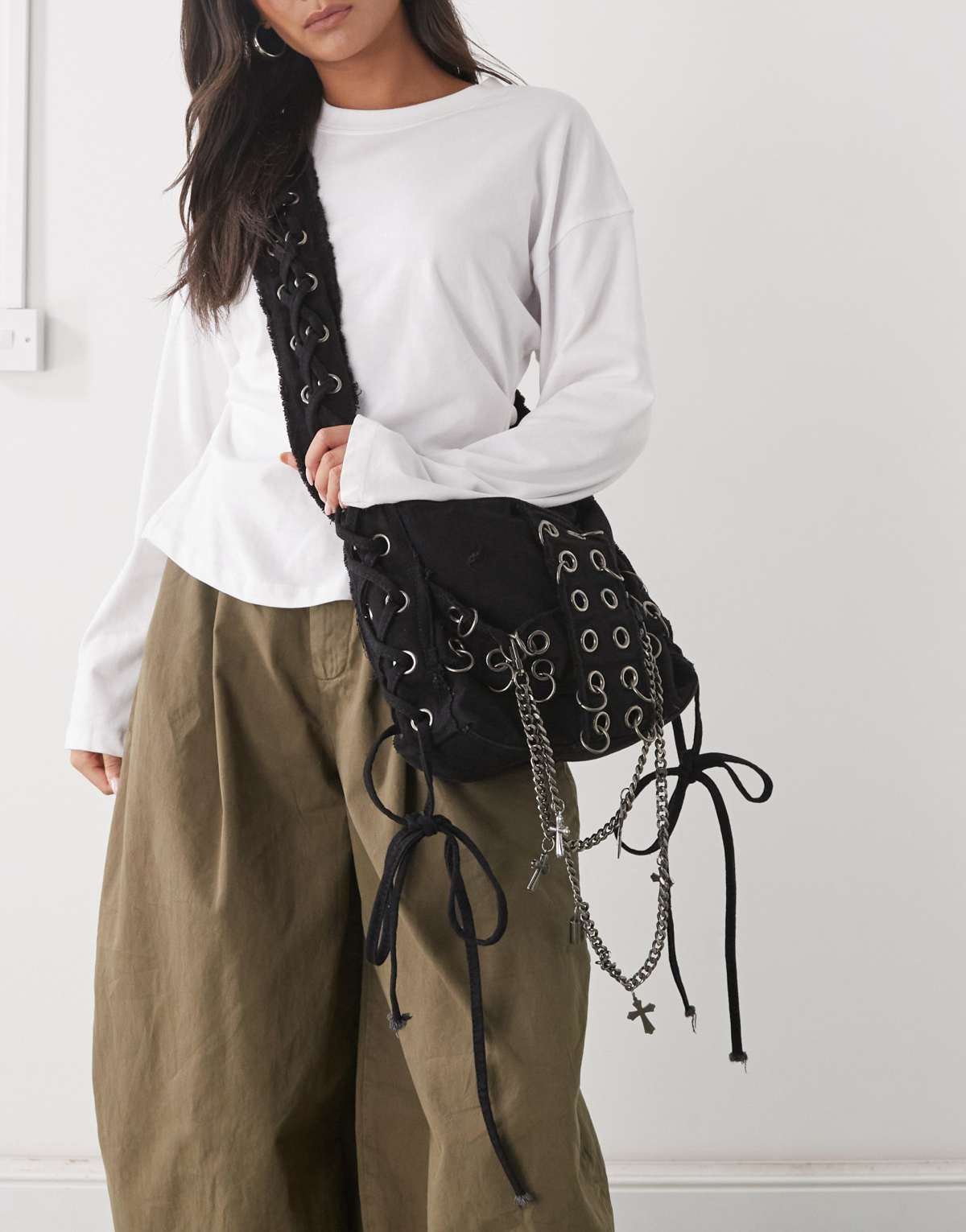 Minga London washed twill eyelet cross body bag in black