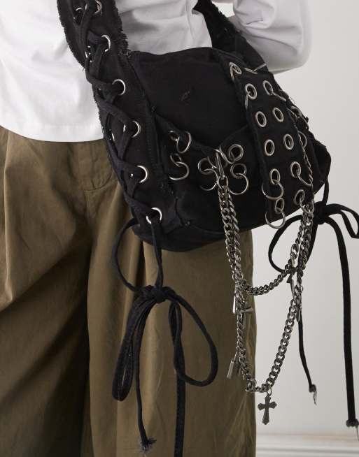 Minga London washed twill eyelet cross body bag in black