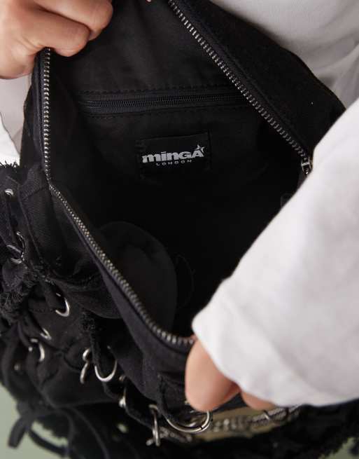 Minga London washed twill eyelet cross body bag in black | ASOS