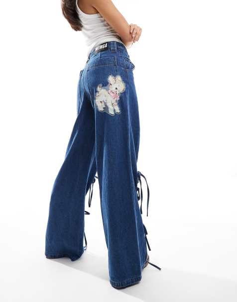 Minga London wide leg jeans with patch in blue denim - view 1