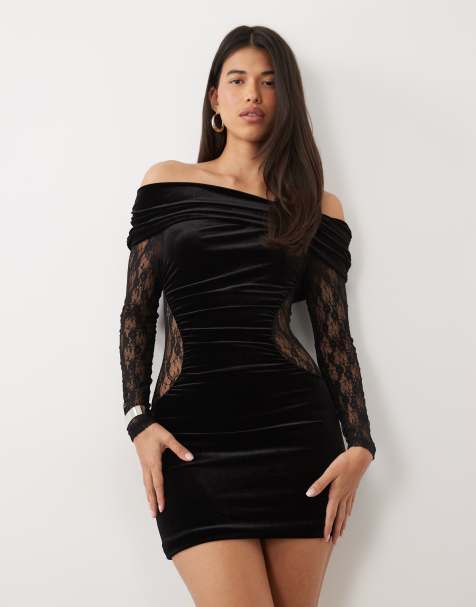 Mini-Kleid aus Samt mit Raffungen, Bardot-Ausschnitt und Spitzeneinsatz in Schwarz - view 1