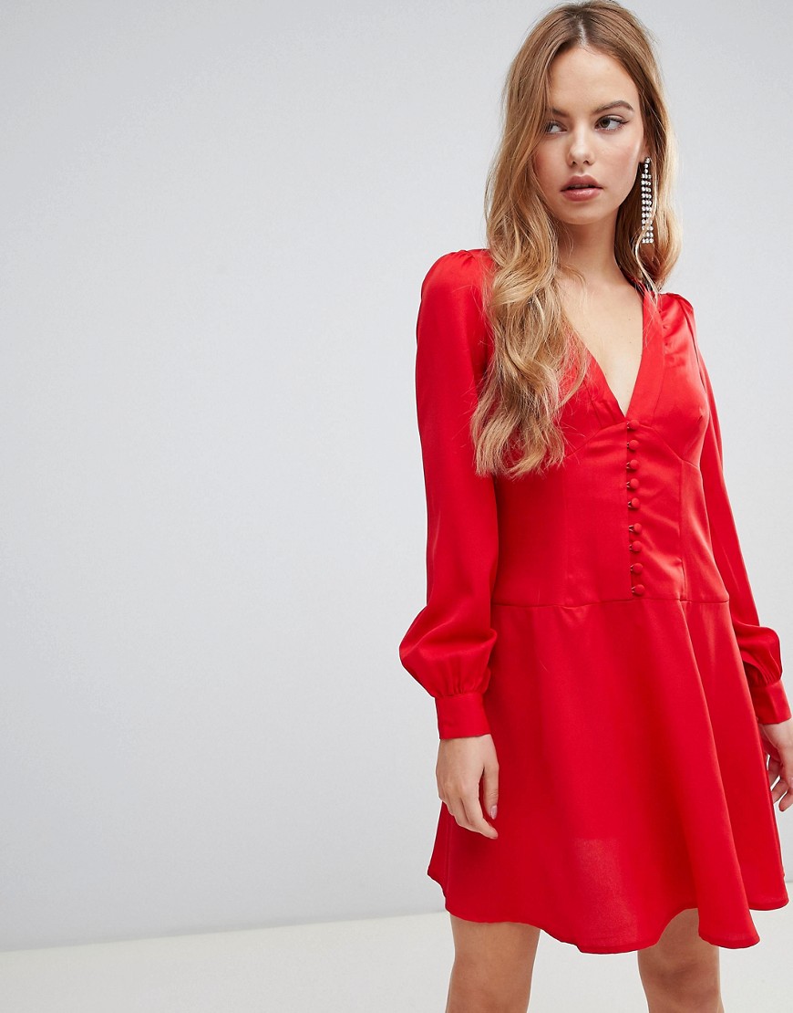 Mini tea-kjole med lange ærmer og knapper fra ASOS DESIGN-Rød