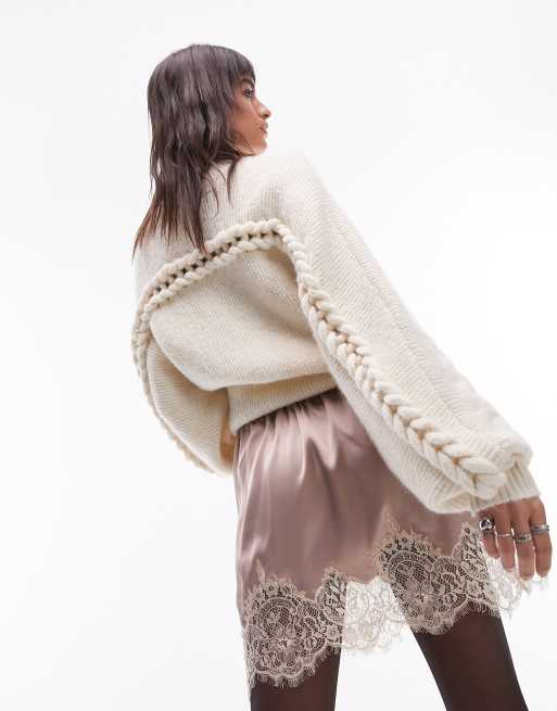 Minifalda color topo de satén estilo combinación con ribete de encaje de Topshop, 2 de 6