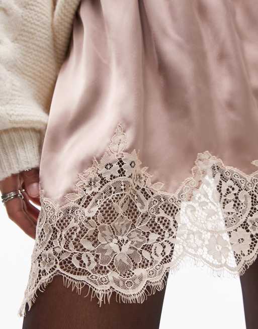 Minifalda color topo de satén estilo combinación con ribete de encaje de Topshop, 3 de 6