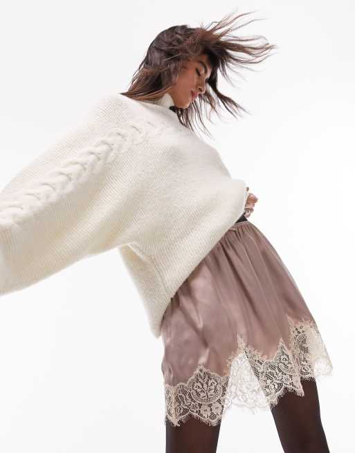Minifalda color topo de satén estilo combinación con ribete de encaje de Topshop, 4 de 6