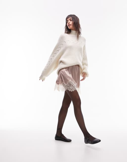 Minifalda color topo de satén estilo combinación con ribete de encaje de Topshop, 5 de 6