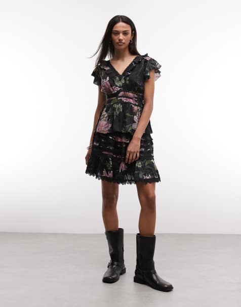 Minifalda negra con estampado floral y volantes de encaje Zora de AllSaints (parte de un conjunto) - view 1