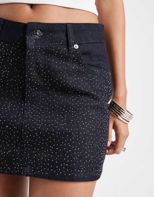 Minifalda vaquera azul oscuro de talle bajo con pedrería de ONLY, 5 de 5