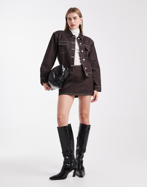 Minifalda vaquera muy corta marrón oscuro de corte depurado de ASOS DESIGN - view 1