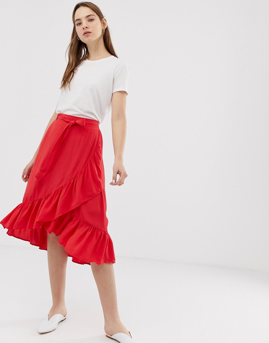 Minimum slå-om-nederdel med flæse-Rød