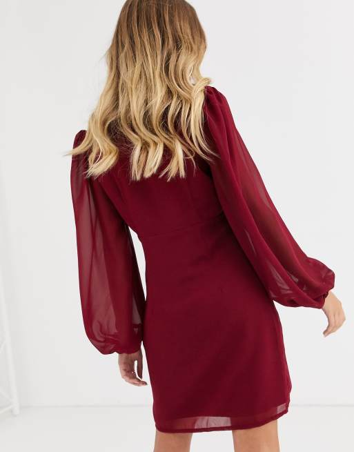 Minivestido burdeos escotado con mangas abullonadas de Missguided, 2 de 4