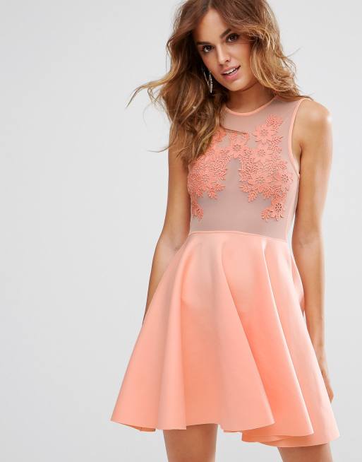 Minivestido skater con aplicación de encaje y mezcla de malla de ASOS