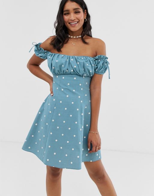 Image result for Minivestido veraniego con escote Bardot con pecho fruncido y estampado de lunares de ASOS DESIGN