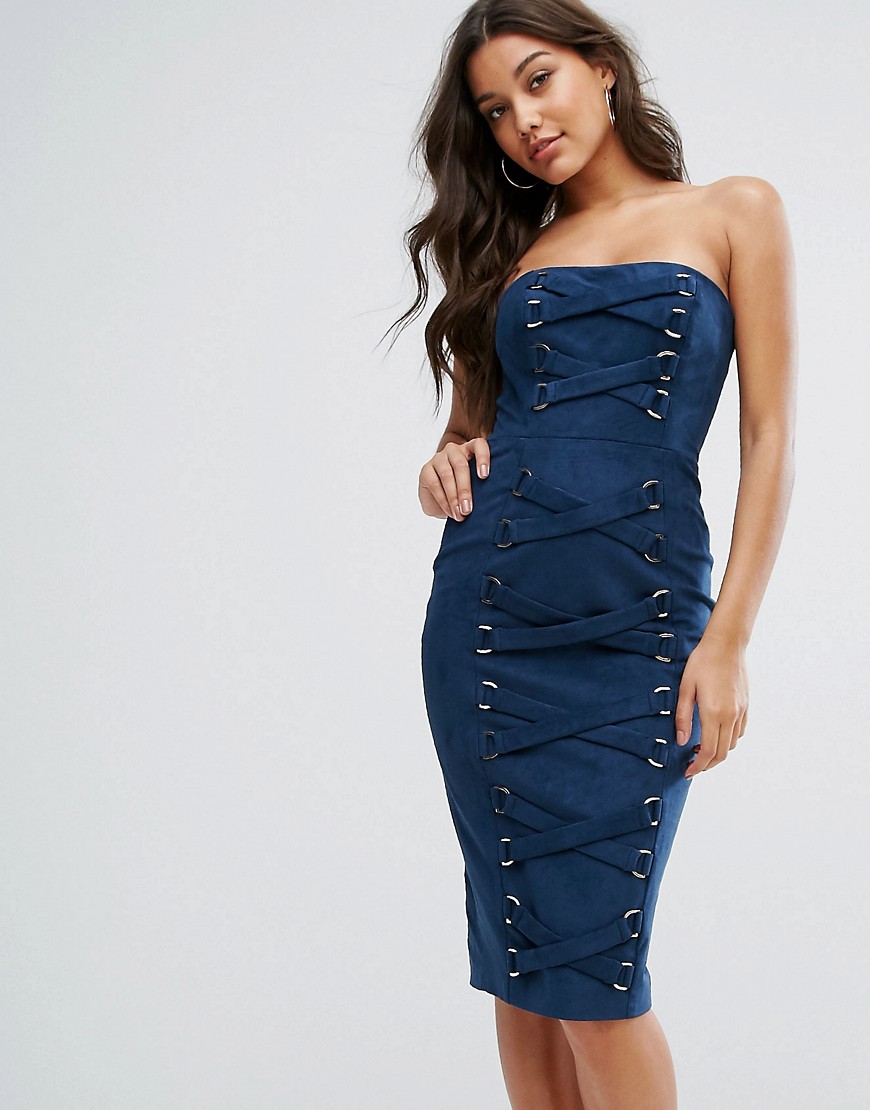 Misha Collection Bandeau Pencil Dress With Corset Lace Up Detail-Navy