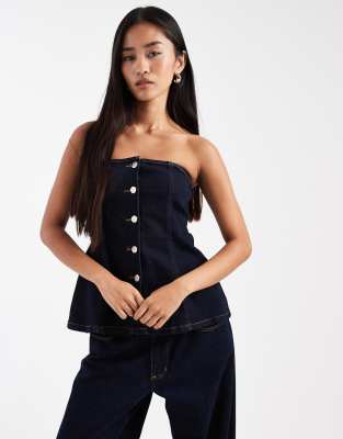 Miss Selfridge Miss Selfirdge Denim Bandeau Button Down Top In Animal Print